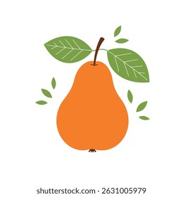 Minimalist illustration of a ripe orange pear with green leaves on white background. Modern flat design fruit icon perfect for healthy eating, food apps, packaging design and lifestyle branding