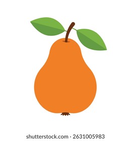 Minimalist illustration of a ripe orange pear with green leaves on white background. Modern flat design fruit icon perfect for healthy eating, food apps, packaging design and lifestyle branding