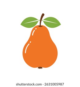 Minimalist illustration of a ripe orange pear with green leaves on white background. Modern flat design fruit icon perfect for healthy eating, food apps, packaging design and lifestyle branding