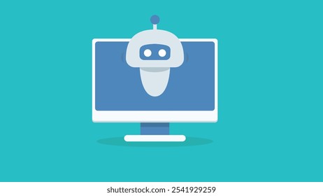 Ilustración minimalista de un robot en un monitor de computadora. El monitor tiene un marco blanco y un soporte azul claro, proyectando una ligera sombra sobre un fondo turquesa