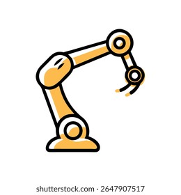 Uma ilustração minimalista de um braço robótico, renderizado em contornos pretos em negrito e preenchido com um tom amarelo vibrante. O braço apresenta articulações e uma garra de dois dedos.