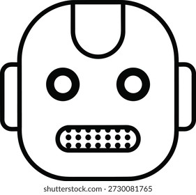 Una ilustración minimalista de la cara de un robot, caracterizada por una forma cuadrada redondeada con una parte superior plana y lados curvos. El robot tiene dos ojos circulares y una boca llena de puntos Pequeños, lo que le da un aspecto simplista pero distintivo. La ilustración se representa en líneas negras sobre un fondo blanco, enfatizando su diseño limpio y moderno.