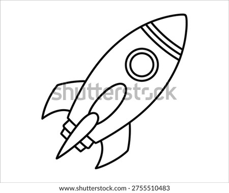 A minimalist illustration of a rocket ship soaring upwards with fins and a circular window