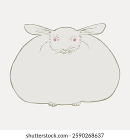 Minimalist illustration of a round, fluffy rabbit with pink cheeks. The rabbit's simple, round shape emphasizes its fluffy, cute appearance. Vintage animal illustration vector.