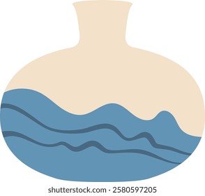 Minimalist illustration of a round vase with blue waves pattern, representing sea, ocean, and water, evoking tranquility and peacefulness, ideal for home decor and interior design projects