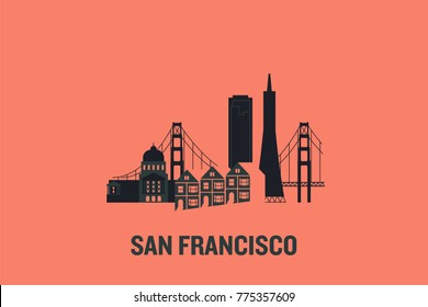 Minimalist illustration of San Francisco principal buildings. Flat vector design.