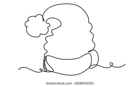 Minimalist illustration of Santa hat in continuous line style on white background for Christmas decor and festive design projects. Line art editable continuous concept.