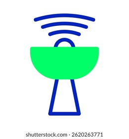 Minimalist illustration of a satellite dish emitting blue wave signals