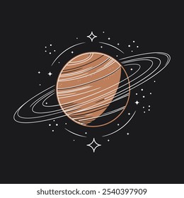 Ilustração minimalista de Saturno, o planeta anilhado, contra um fundo escuro.