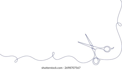 Ilustración minimalista de tijeras en un estilo de arte de línea azul continuo, cortando un hilo ondulado contra un fondo blanco limpio. Moderno y sencillo.