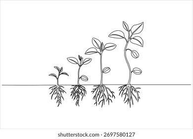 Ilustración minimalista de una plántula que se desarrolla de un brote a una planta Pequeña