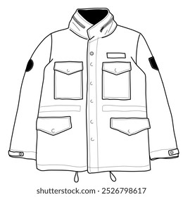 minimalist illustration of semi-casual vintage army jacket with M-65 field jacket type, also known as a fishtail parka or mod coat type with black lineart and white background