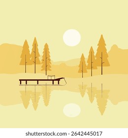 A minimalist illustration of a serene lake with a wooden dock, pine trees, and a reflection of the sun in a monochromatic yellow palette.
