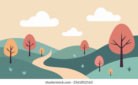 A minimalist illustration of a serene landscape featuring rolling hills, stylized trees, and soft clouds against a pastel sky.