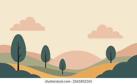 A minimalist illustration of a serene landscape featuring rolling hills, stylized trees, and soft clouds against a pastel sky. 