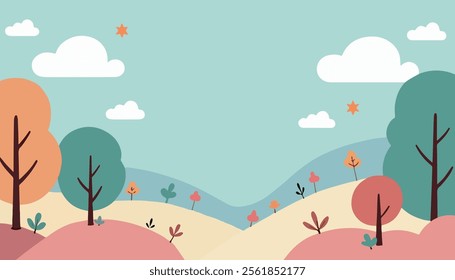A minimalist illustration of a serene landscape featuring rolling hills, stylized trees, and soft clouds against a pastel sky.
