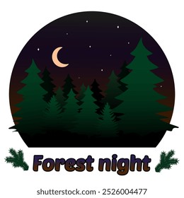 Minimalist illustration of serene night in coniferous forest, featuring tall evergreen trees, crescent moon, and stars. Isolated design, perfect for nature, camping, and outdoor-themed projects.