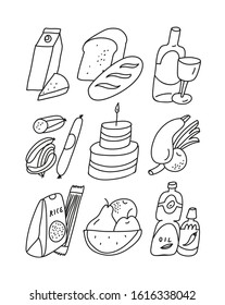 Minimalist illustration set of food products in vector. Line drawing depicting different types of food can be found in supermarket. Dairy, bread, bakery, wine, fruits and vegetables. Hand drawn image.