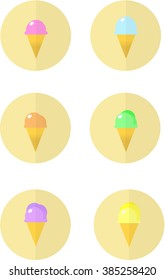 Minimalist illustration of a set of ice cream cones on yellow circle background. Set of cute ice cream vector icons. Sweet symbol. Yellow circle button.