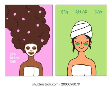 Minimalist illustration set of two young women of different race on beauty procedures. Cartoon female characters on a spa day. Flat vector art for social media, blog, advert, or print.