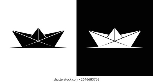 A ilustração minimalista mostra um barco de papel, alternando entre preto sobre branco e branco sobre preto. Linhas limpas definem o origami-estilo artesanal em ambos os contrastes.