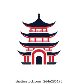 A minimalist illustration showcases a red and navy blue pagoda with curved eaves, set against a clean white background, emphasizing architectural design.