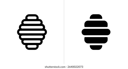 A minimalist illustration showcases two slightly different icons of a striped, rounded beehive shape, set against a clean, white backdrop. Black and white graphic elements.