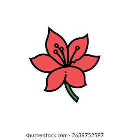 A minimalist illustration showcases a vibrant red flower with a green stem, all outlined in bold black. Its simplified design makes it versatile for various creative uses.