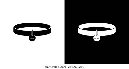 Minimalist illustration showcasing a black and white dog collar, each featuring a round tag inscribed with the word Loyal isolated on contrasting backgrounds.
