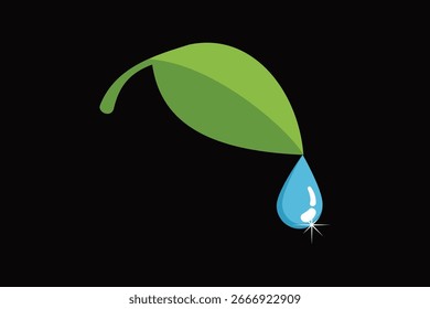 Uma ilustração minimalista mostrando uma folha verde com uma gota de água azul, simbolizando a pureza e a natureza.