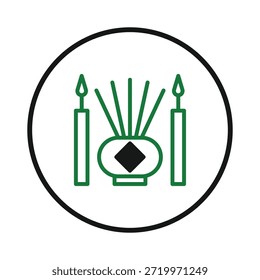 A minimalist illustration showcasing a pair of lit candles positioned on either side of a stylized vase. The green hues and symmetrical arrangement evoke a sense of peace, calmness, and