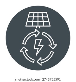 Minimalist illustration showcasing renewable energy transformation with solar panel converting sunlight into electricity through a circular flow of lightning bolts symbolizing sustainable power