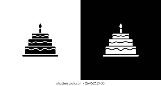 Minimalist illustration showcasing a three-tier cake, adorned with a lit candle, depicted in both black on white and white on black variations.