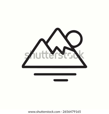 A minimalist illustration showcasing a tranquil mountain scene at sunset or sunrise over a calm lake. Simple lines and shapes create a peaceful natural vista.