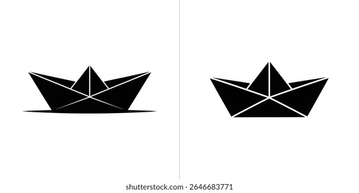 A minimalist illustration showcasing two black paper boat icons against a stark white background. The image is split, each side presenting a slightly different view of the boat.