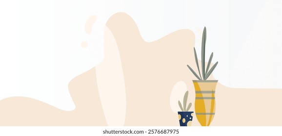 A minimalist illustration showcasing two potted plants against a light beige abstract background