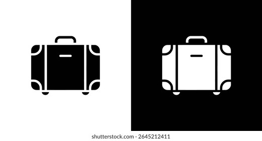 Minimalist illustration showcasing two suitcase icons – a black suitcase against a white backdrop and a white suitcase against a black backdrop. Clean, simple, and modern design.
