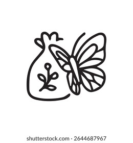 Uma ilustração minimalista mostrando uma borboleta apoiada em um saco com um design floral, todas renderizadas em linhas negras em negrito sobre um fundo branco.