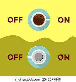 Ilustração minimalista mostrando copos de café com rótulos "ON" e "OFF", representando níveis de energia com e sem café. Ótimo para conteúdo com tema de café, estilo de vida ou designs de humor