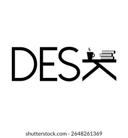 Minimalist illustration showing a desk integrated with stylized text, including books and coffee. Suitable for representing workspaces, creativity, and productivity in graphic or conceptual designs.