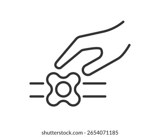 Ilustração minimalista mostrando uma mão girando uma válvula. Representa controle, regulação ou ajuste. Ideal para manuais de segurança, guias de encanamento ou diagramas técnicos.