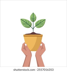 A minimalist illustration showing hands holding a yellow flowerpot containing a young plant with vibrant green leaves. The design features a simple composition with hands lifting or presenting the pot