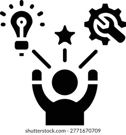 A minimalist illustration showing a human head raising arms with symbols of creativity like a lightbulb, star, gear, and scattered dots representing ideas.