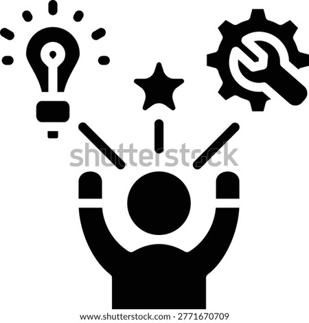 A minimalist illustration showing a human head raising arms with symbols of creativity like a lightbulb, star, gear, and scattered dots representing ideas.