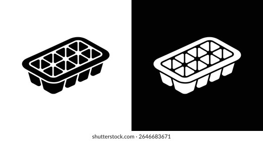 Uma ilustração minimalista mostrando uma bandeja de cubo de gelo com ranhuras em forma de triângulo, apresentadas em preto sobre branco e branco sobre preto para uso versátil.