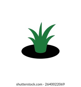 A minimalist illustration showing a vibrant green grass sprout emerging from a black soil patch, set against a clean, white backdrop, conveying growth and nature.