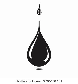 A minimalist illustration shows a large black water droplet with a smaller droplet above. The image features a clean design with simple shapes and a monochrome color scheme against a white backdrop. Suitable for various design projects, it is ideal for commercial uses related to water or liquid concepts.