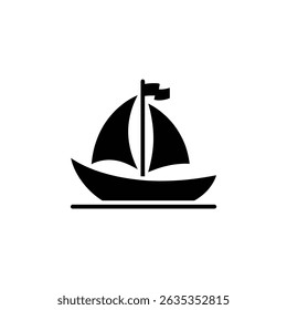 Minimalist illustration shows a sailboat with a flag atop its mast, rendered as a solid black silhouette against a seamless transparent backdrop.