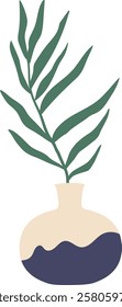 Minimalist illustration of a single green leaf placed in a modern vase with abstract decoration, perfect for home decor and interior design projects