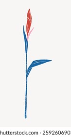 Minimalist illustration of a single red flower with blue leaves on a white background. Simple flower design with red petals and blue leaves. Artistic floral print. Vector illustration.
